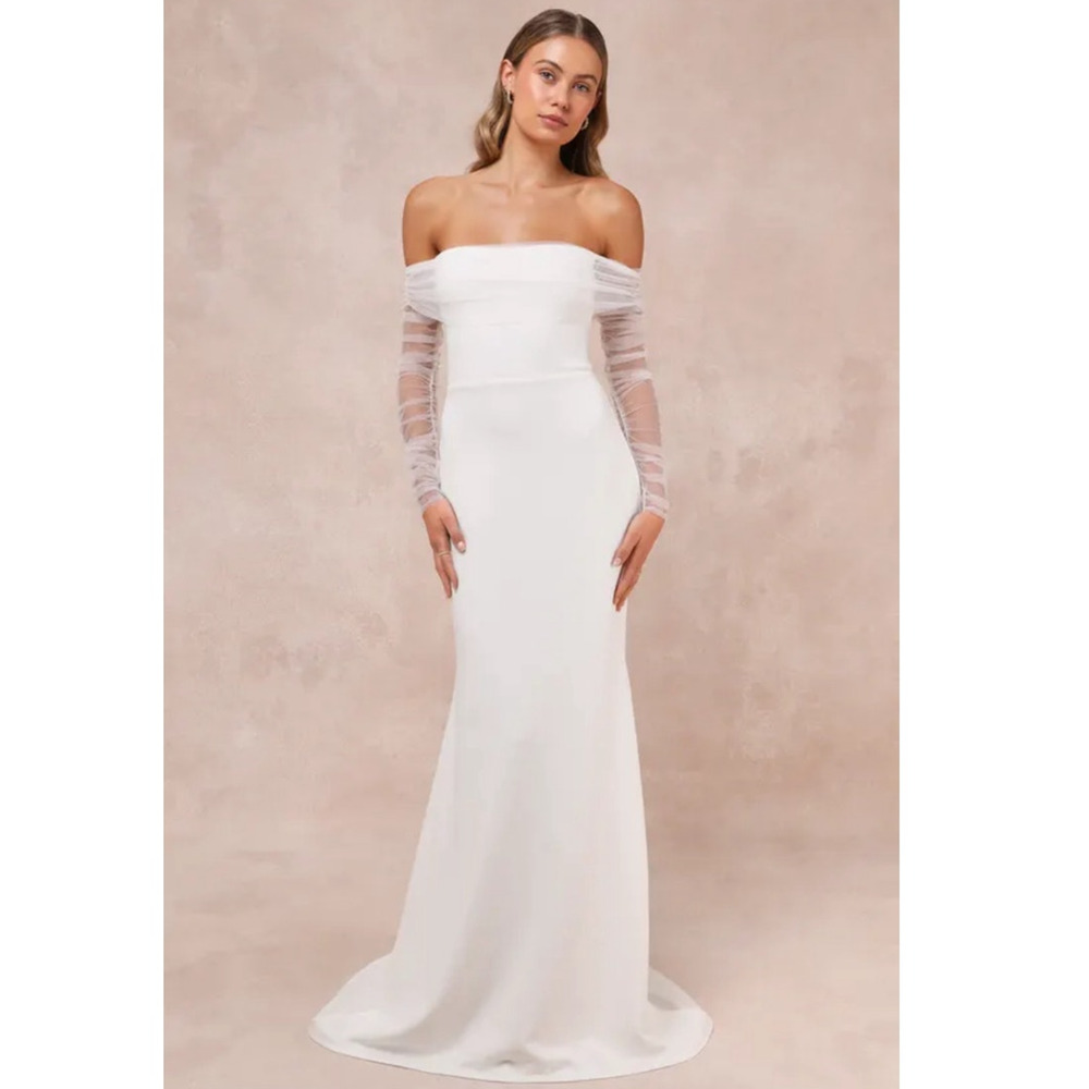NWT‎ Lulus Beautifully Beloved White Mesh Off The Shoulder Maxi Dress Size M